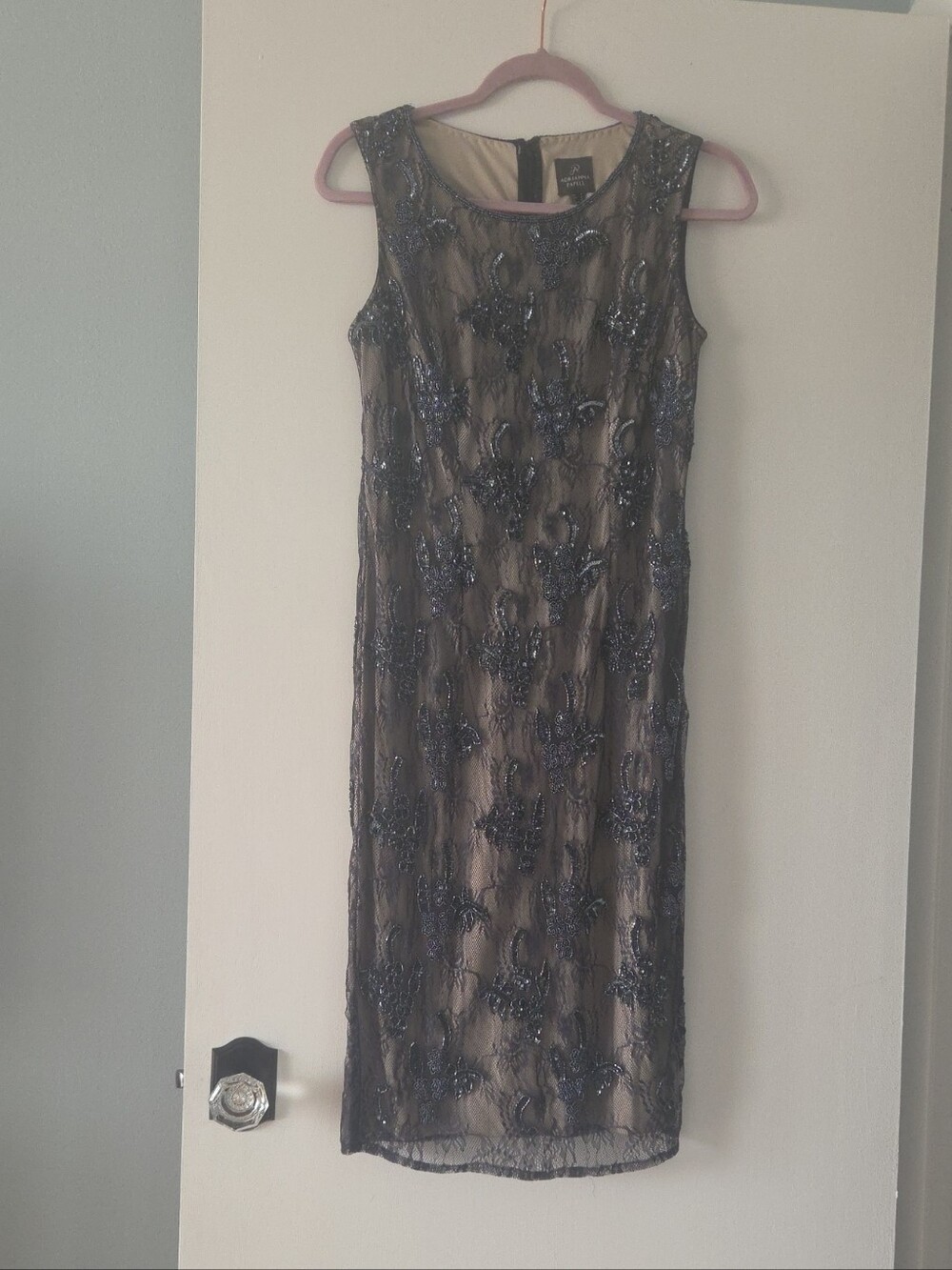Adrianna Papell Navy Beaded Midi Dress with Nude Lining